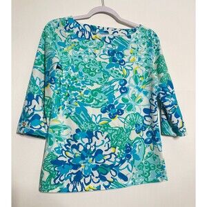 Lilly Pulitzer Andie Boatneck Top Womens Small Green Blue Floral Colorful